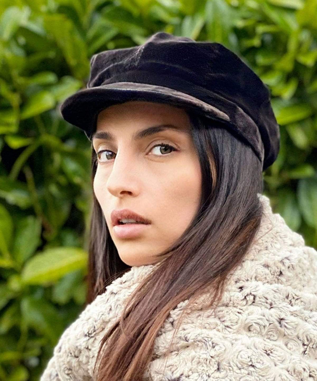 Model with long hair wearing Valerie Newsboy Style Cap in Velvet in Chocolate | Handmade by Pandemonium Millinery | Seattle WA USA