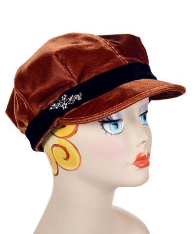 Valerie Newsboy Style Cap in Velvet in Citrine | Black Velvet Band with Nickel Buckle Trim | Handmade by Pandemonium Millinery | Seattle WA USA