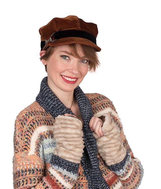 Valerie Newsboy Style Cap in Velvet in Citrine | Black Velvet Band with Nickel Buckle Trim | Handmade by Pandemonium Millinery | Seattle WA USA