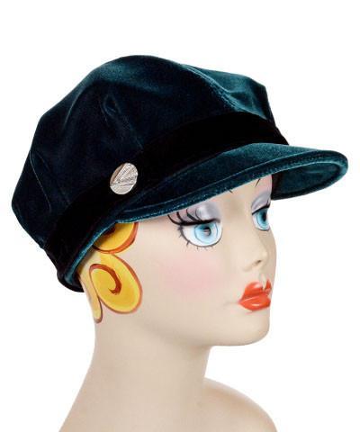 Women's Valerie Cap Model Shot | Emerald Velvet with Button | Handmade in Seattle WA | Pandemonium Millinery