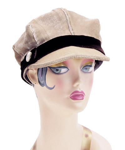 Valerie Newspaper Boy Style Cap  | Velvet in Mushroom with Velvet Black Band  | Matching Button Trim |  Handmade By Pandemonium Millinery | Seattle WA  USA
