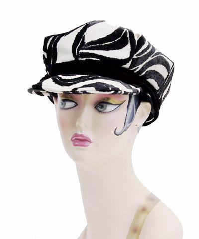 Valerie Style Cap shown Waves Upholstery Fabric with Velvet Band | Silver Buckle Trim| Handmade By Pandemonium Millinery | Seattle WA USA