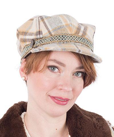 Model wearing Valerie Newspaper Boy Style Cap  | Wool Plaid in Day Break with Braided Band  | Matching Button Trim |  Handmade By Pandemonium Millinery | Seattle WA  USA