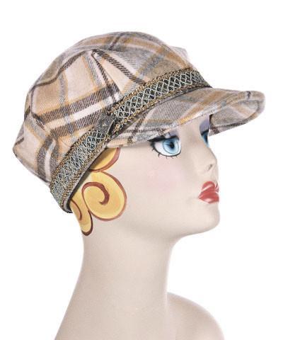 Model wearing Valerie Newspaper Boy Style Cap  | Wool Plaid in Day Break with Braided Band  | Matching Button Trim |  Handmade By Pandemonium Millinery | Seattle WA  USA