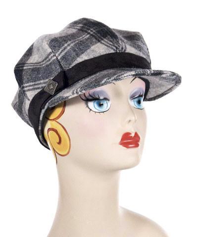 Valerie Cap shown in Wool Plaid in Twilight | Faux Suede Black Band with Metal Square Button Trim | Handmade By Pandemonium Millinery | Seattle WA USA
