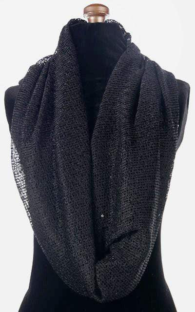 Women’s Wide Infinity Loop Scarf on Mannequin | Glitzy Glam in Black, an open-weave knit with delicate sequins throughout | Handmade in Seattle WA | Pandemonium Millinery