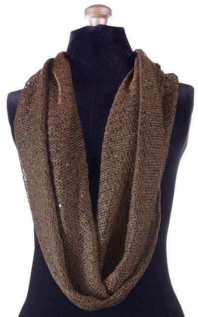 Women’s Wide Infinity Loop Scarf on Mannequin | Glitzy Glam in Chocolate, an open-weave knit with delicate sequins throughout in brown | Handmade in Seattle WA | Pandemonium Millinery