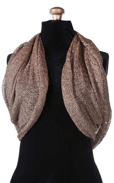 Women’s Wide Infinity Loop Scarf on Mannequin | Glitzy Glam in toffee, an open-weave knit with delicate sequins throughout in brown, taupe| Handmade in Seattle WA | Pandemonium Millinery