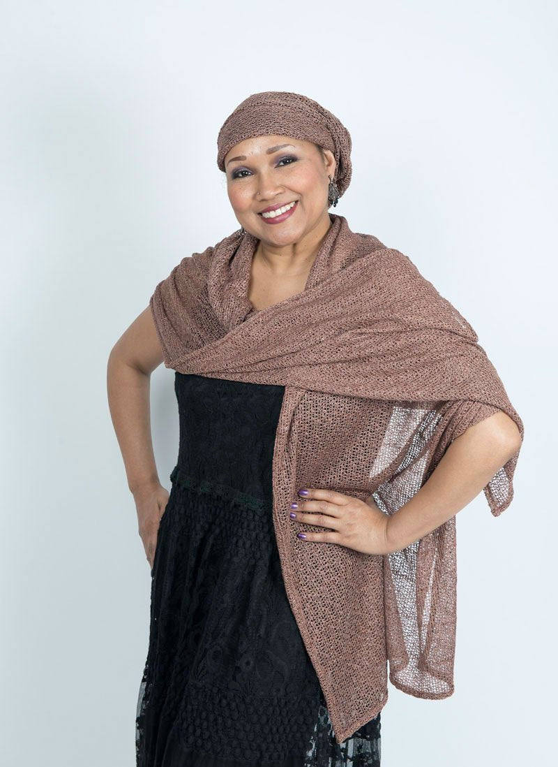 Women's Wrap in Glitzy Glam in Toffee on Model | Handmade in Seattle WA | Pandemonium Millinery
