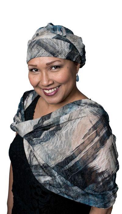 Women's Wrap in Lovely Lace in Blue on Model | Handmade in Seattle WA | Pandemonium Millinery