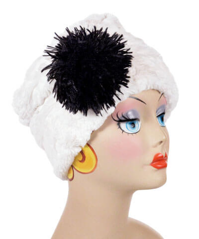 Cuffed Pillbox Cuddy Faux Fur in ivory with pom handmade in Seattle, WA by Pandemonium Millinery