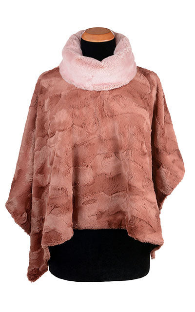 Another product view of Poncho in Copper River Faux Fur with a Frosted Cedar Collar for contrasting color. Made in Seattle, WA by Pandemonium Seattle.