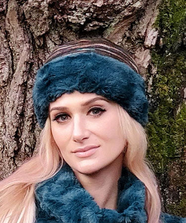  Women&#39;s Cuffed Pillbox on model | Sweet Stripes in English Toffee and Peacock Pond Faux Fur | Handmade USA by Pandemonium Seattle