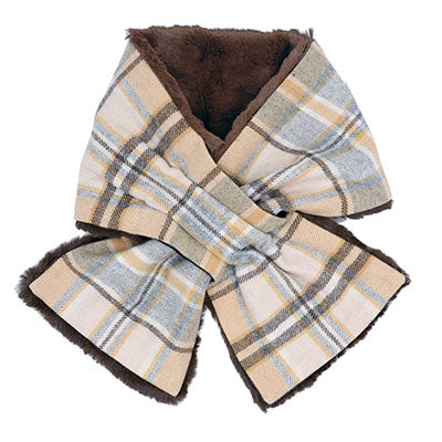 Women’s product shot of reversible Pull Through Scarf | Wool Plaid in Day Break, yellow cream brown, and blue  with Cuddly Faux Fur in chocolate | Handmade in Seattle WA | Pandemonium Millinery