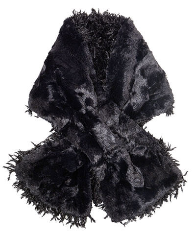 Women's Pull Through Scarf in Black Swan Faux Feather with Cuddly Faux Fur in Black - Shown in Reverse