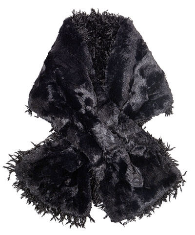 Women&#39;s Pull Through Scarf in Black Swan Faux Feather with Cuddly Faux Fur in Black - Shown in Reverse