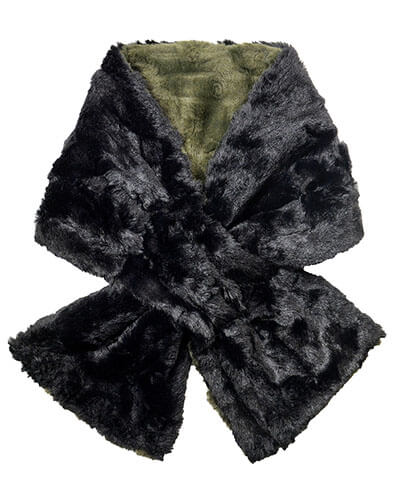 Pull Through Scarf Cuddly Faux Fur in Army Green with Cuddly Black  - Shown in reverse