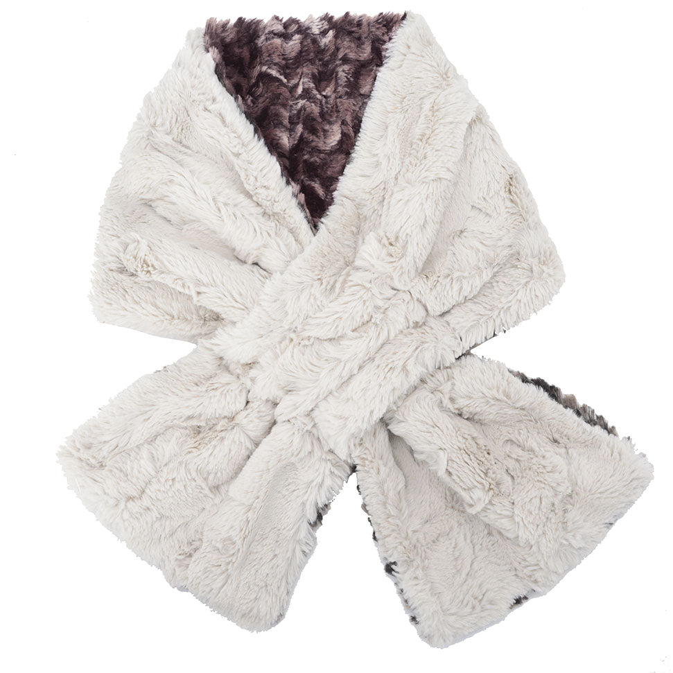 Flat Shot of the Pull Thru Scarf in Calico  with Cuddly Faux Fur in  Sandby Pandemonium Seattle.  Handmade in Seattle, WA. USA