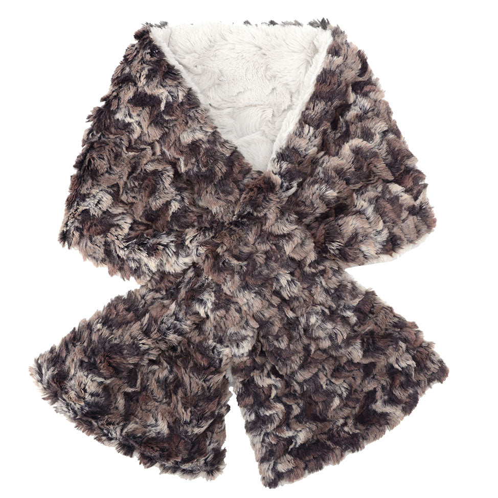 Flat Shot of the Pull Thru Scarf in Calico  with Cuddly Faux Fur in  Sandby Pandemonium Seattle.  Handmade in Seattle, WA. USA