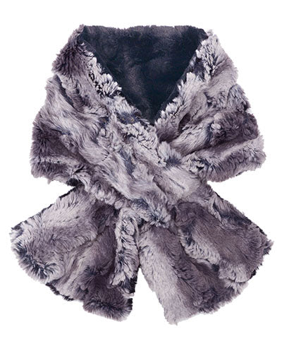 Product shot of Women’s Pull Through Scarf | Muddy Waters; Brown/gray Faux Fur reversing to cuddly black| Handmade in Seattle WA | Pandemonium Millinery