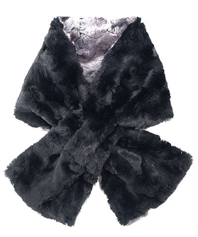 Product shot of Women’s Pull Through Scarf shown in reverse | Muddy Waters; Brown/gray Faux Fur reversing to cuddly black| Handmade in Seattle WA | Pandemonium Millinery