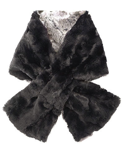 Product shot of women’s  reversible Pull Through Scarf | Seattle Sky Charcoal Gray faux fur with Cuddly Black shown in reverse | Handmade in Seattle WA | Pandemonium Millinery