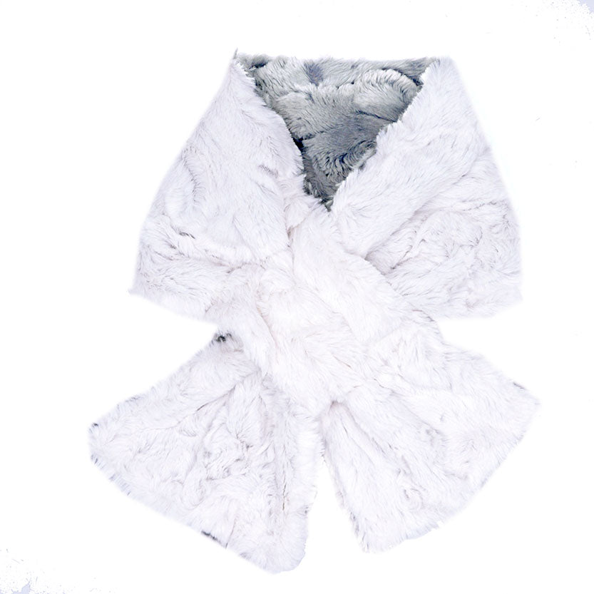 Product shot of Women’s Pull Through Scarf | Winter river, ice blue with hits of periwinkle faux fur with Cuddly ivory  | Handmade in Seattle WA | Pandemonium Millinery