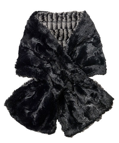 Women's Pull Through Scarf in 8mm Black and White with Cuddly Faux Fur in Black - Shown in Reverse