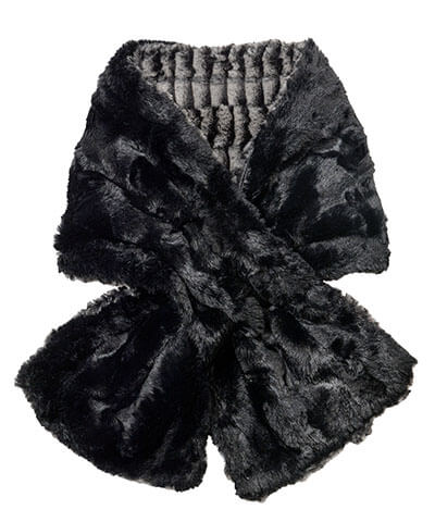 Women&#39;s Pull Through Scarf in 8mm Black and White with Cuddly Faux Fur in Black - Shown in Reverse