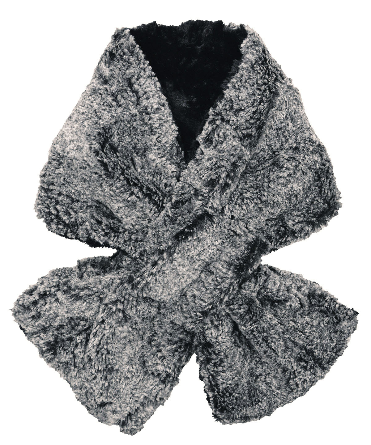 Product shot of women’s  reversible Pull Through Scarf |  Luxury Faux Fur in Nimbus with Cuddly Faux Fur in Black| Handmade in Seattle WA | Pandemonium Millinery