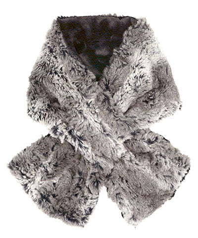 Product shot of women’s  reversible Pull Through Scarf | Seattle Sky Charcoal Gray faux fur with Cuddly Black| Handmade in Seattle WA | Pandemonium Millinery