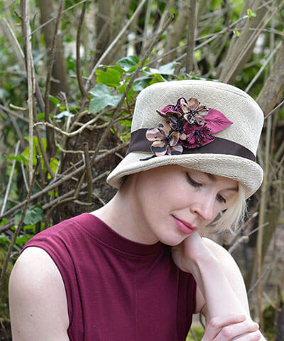 Women&#39;s Riley Cloche Hat in Evolution in Putty with Flower Brooch | Handmade in Seattle WA | Pandemonium Millinery