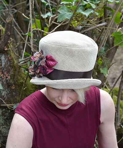 Women's Riley Cloche Hat in Evolution in Putty with Flower Brooch | Handmade in Seattle WA | Pandemonium Millinery