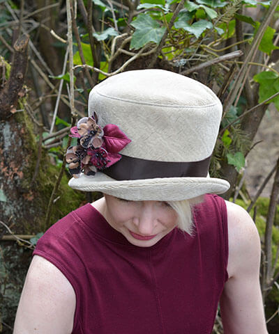 Women&#39;s Riley Cloche Hat in Evolution in Putty with Flower Brooch Top View | Handmade in Seattle WA | Pandemonium Millinery