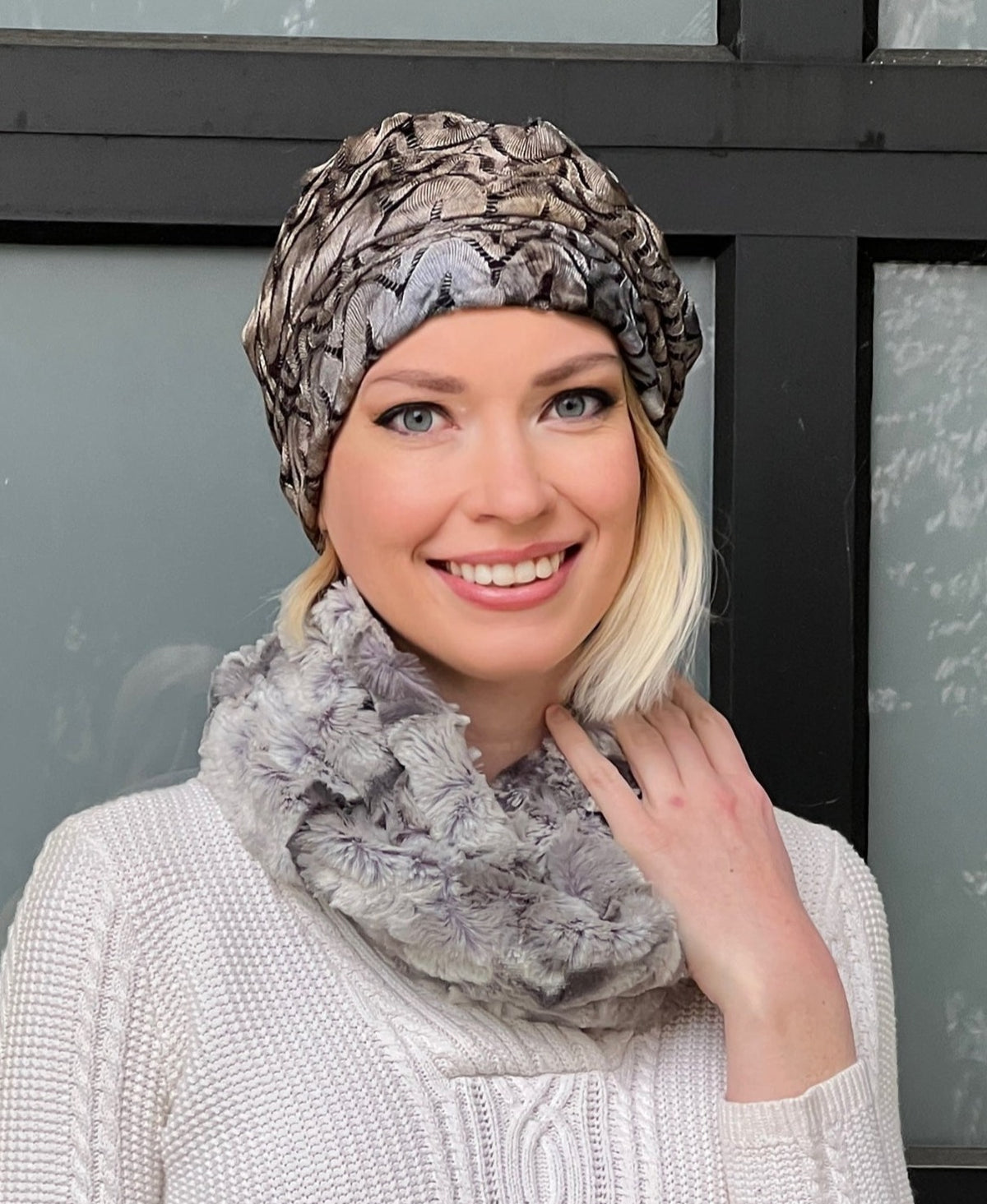 Woman wearing Rowdie Hat in Alchemy, front view. Handmade by Pandemonium Seattle.