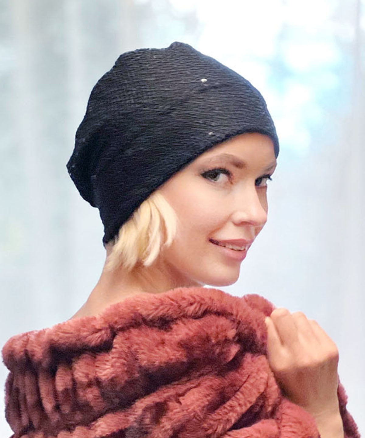 Women's Rowdie Hat in Glitzy Glam in Black with Abyss and Maple Glow Faux Fur Shoulder Wrap | Handmade in Seattle WA | Pandemonium Millinery