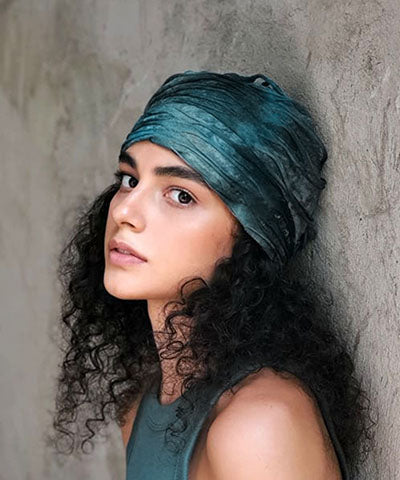 Rowdie Hat in Galactic Green on Model handmade in Seattle, WA USA by Pandemonium Millinery