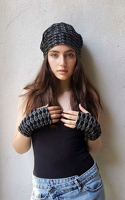 Fingerless Gloves, Short in Lunar Eclipse with matching Rowdie Hat handmade in Seattle, WA USA by Pandemonium Millinery