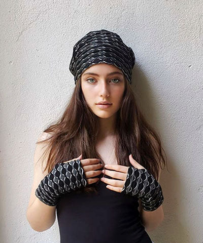 Rowdie Hat in Lunar Eclipse with matching Fingerless Gloves handmade in Seattle, WA USA by Pandemonium Millinery