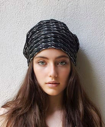 Rowdie Hat in Lunar Eclipse on Model handmade in Seattle, WA USA by Pandemonium Millinery