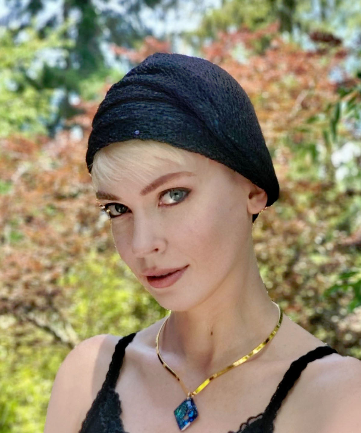 Women's Rowdie Hat in Glitzy Glam in Black with Abyss and Maple Glow Faux Fur Shoulder Wrap | Handmade in Seattle WA | Pandemonium Millinery