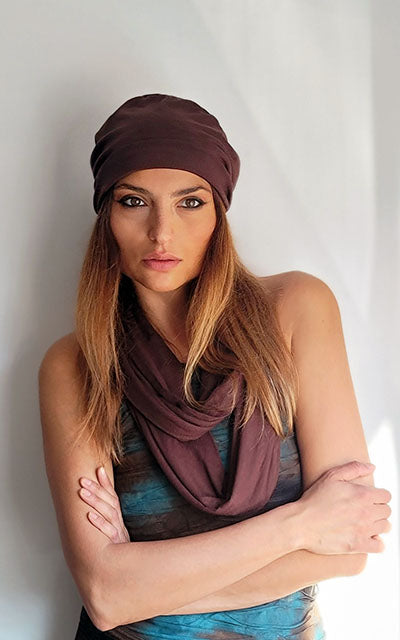Woman modeling Infinity Scarf in Terra Jersey knit