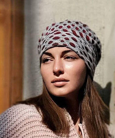 Rowdie Hat in Lunar Landing Reverse with Blood Moon Underlining Close Up of Model Shot handmade in Seattle, WA USA by Pandemonium Millinery