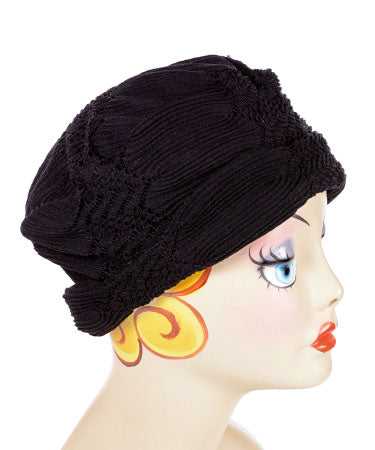 Featuring the side view of the Rowdie Hat in night's Raven | By Pandemonium Millinery