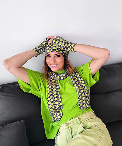 Woman modeling Fingerless Gloves in Lunar Landing with Martian Countryside