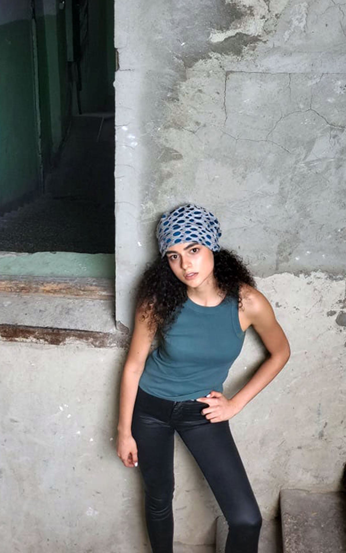 Rowdie Hat in Lunar Landing Reverse with Blood Moon Underlining Close Up of Model Shot handmade in Seattle, WA USA by Pandemonium Millinery