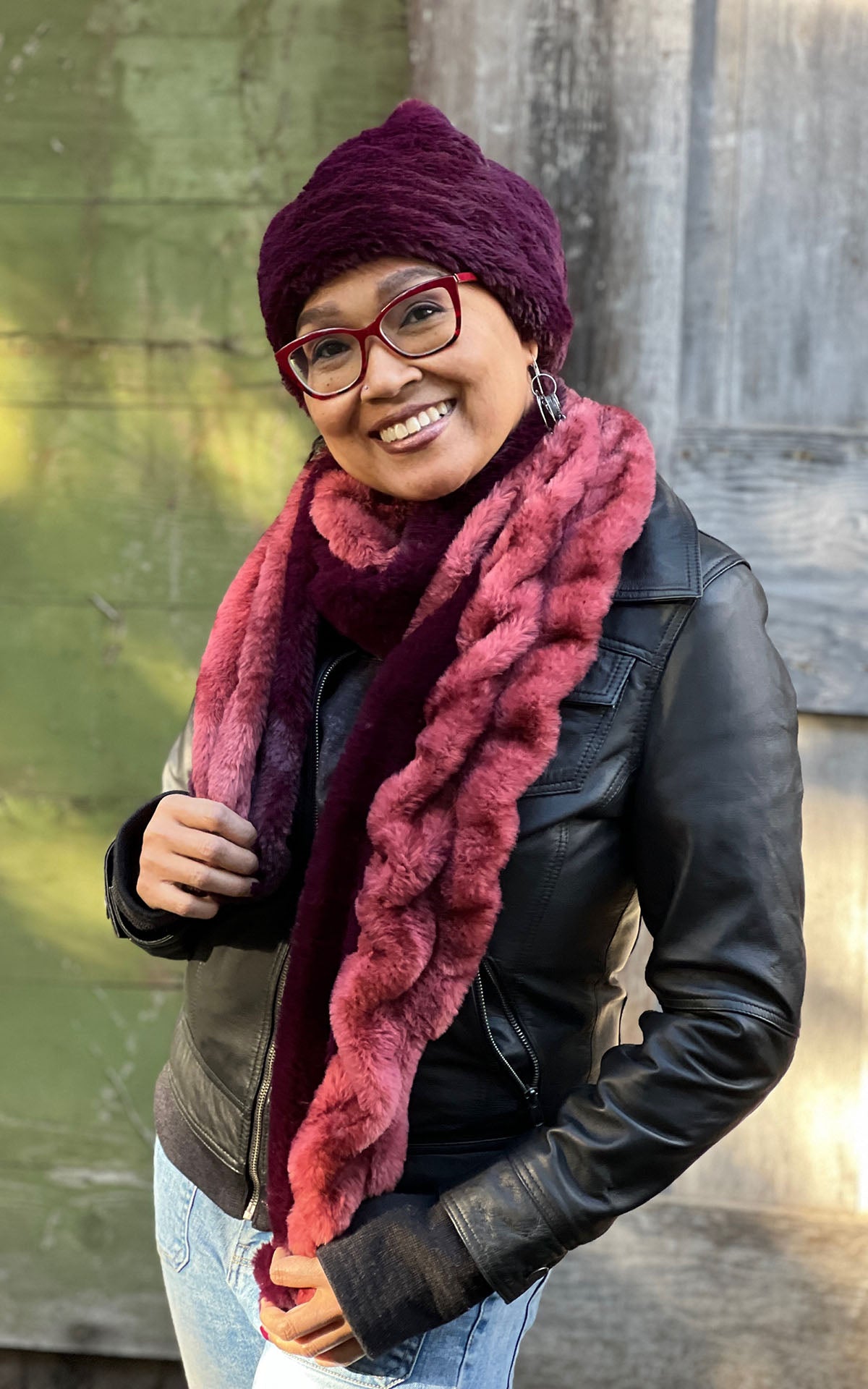 Two-Tone Scarf on model |  Maple Glow and Merlot Royal Opulence Faux Fur | Handmade USA Pandemonium Seattle
