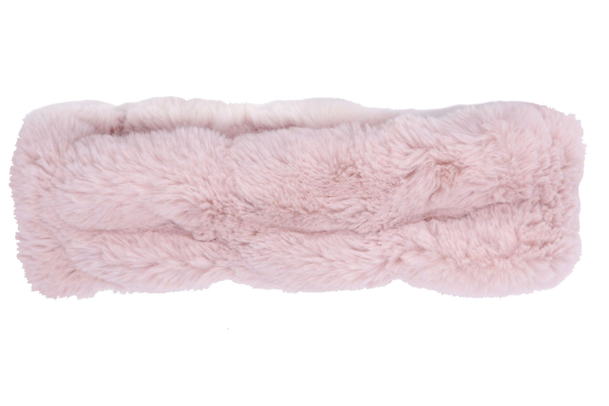 Rosé Narrow Ear / Neck Cozy in Royal Opulence faux fur. Handmade by Pandemonium Seattle.