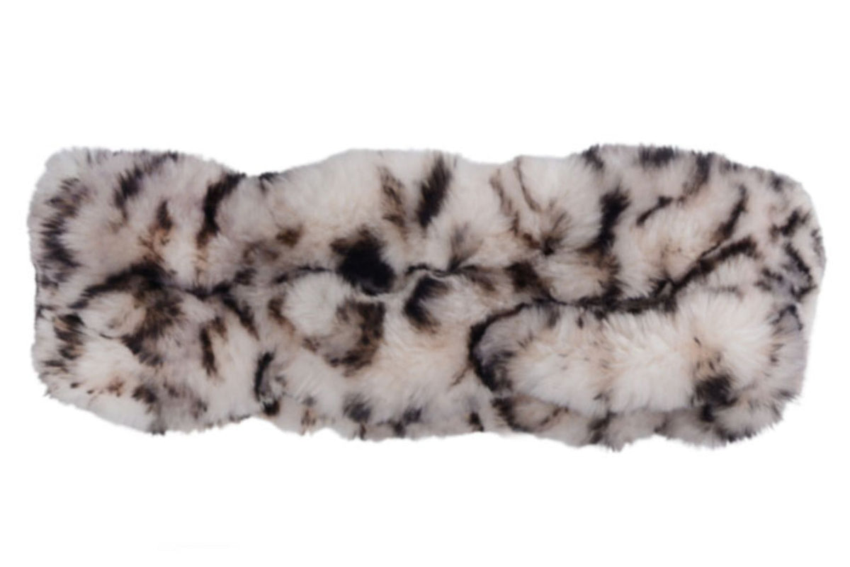 Narrow Snow Leopard Ear / Neck Cozy in Royal Opulence faux fur. Handmade by Pandemonium Seattle.