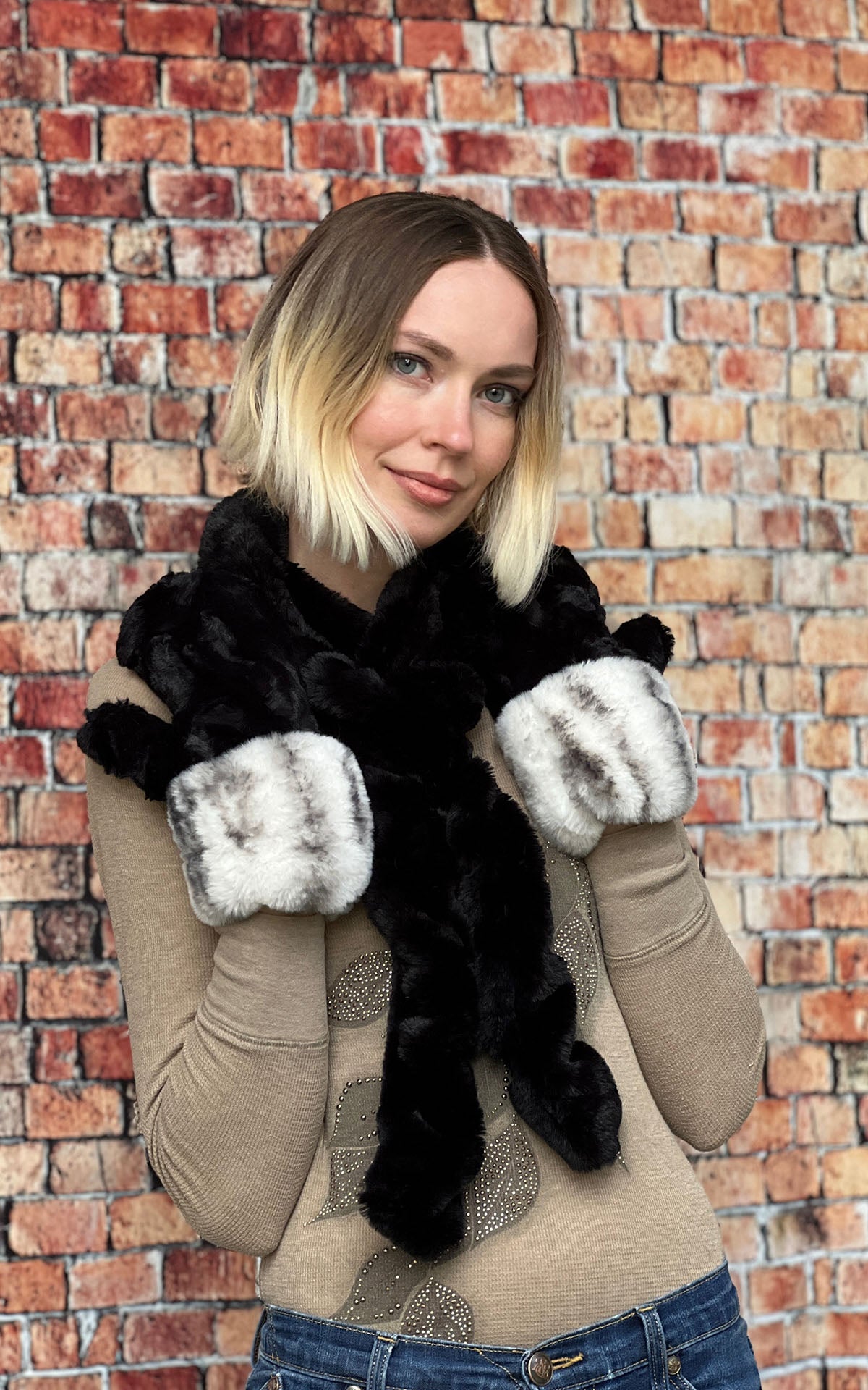 Model features Mittens in Royal Opulence Aspen by Pandemonium Seattle. Handmade in America.